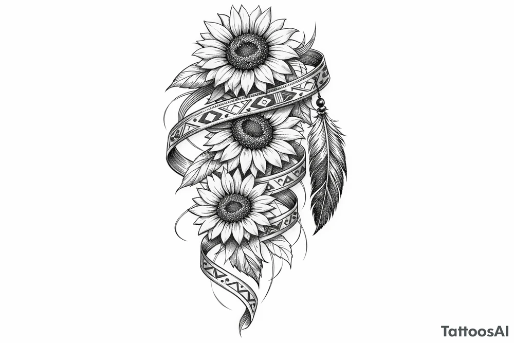 3 cascading Sunflowers with an Indian feather all wrapped in Indian ribbon tattoo idea