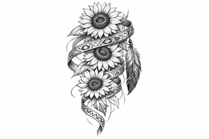 3 cascading Sunflowers with an Indian feather all wrapped in Indian ribbon tattoo idea