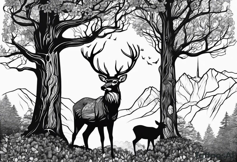 Trees with a tree stand and a deer in front tattoo idea