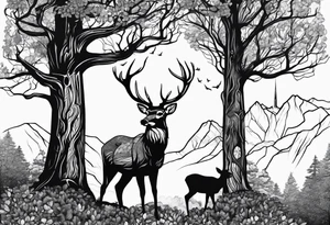 Trees with a tree stand and a deer in front tattoo idea