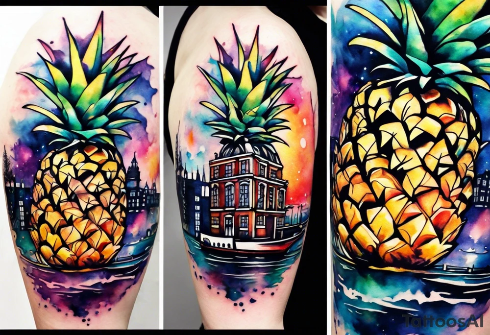 watercolour tattoo, stag in shape of pineapple, Amsterdam, Amsterdam buildings, Amsterdam canal, space colours, galaxy colours, pineapples tattoo idea