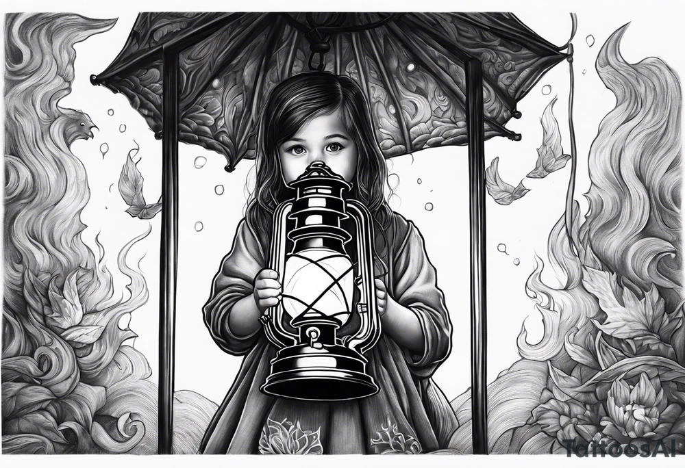 A small girl holding a lantern in hell tattoo idea