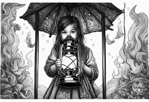 A small girl holding a lantern in hell tattoo idea