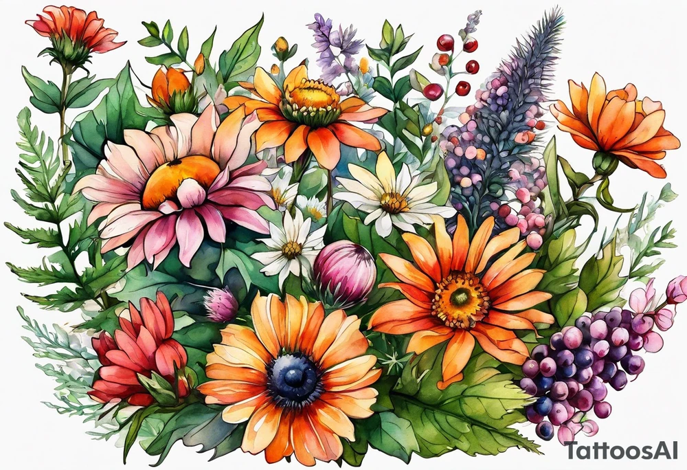 wildflowers with thistles, ferns, white flowers, cream flowers, sun flowers, orange flowers, green flowers, pink flowers, red flowers, berries and all in watercolor tattoo idea