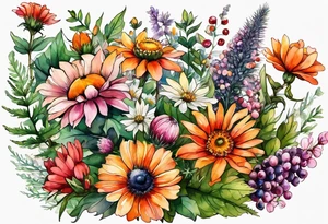 wildflowers with thistles, ferns, white flowers, cream flowers, sun flowers, orange flowers, green flowers, pink flowers, red flowers, berries and all in watercolor tattoo idea