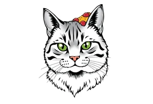 fat grey tabby cat portrait with pizza slice on its head tattoo idea