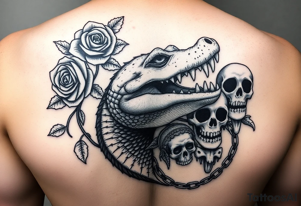 gothic fairy tale vibe we talked about: dark, thorny roses, skulls peeking through shadows, a bit of wild creature energy. Not perfect matches, but imagine tweaking 'em—rose from the eye, gator coiled like a guardian. This one's got that moody frame, vines creeping in—easy to swap in your Tudor rose and skull. Full-back chaos with skulls and chains... add the alligator jaws clamping down, and boom. tattoo idea