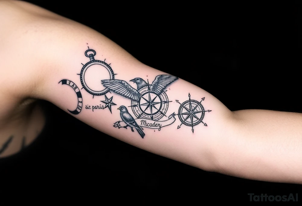 Uncharted 4 sleeve from upper elbow to shoulder including the designs of the ring, decoder, birds, map, and compass with the words sic parvis magna. tattoo idea