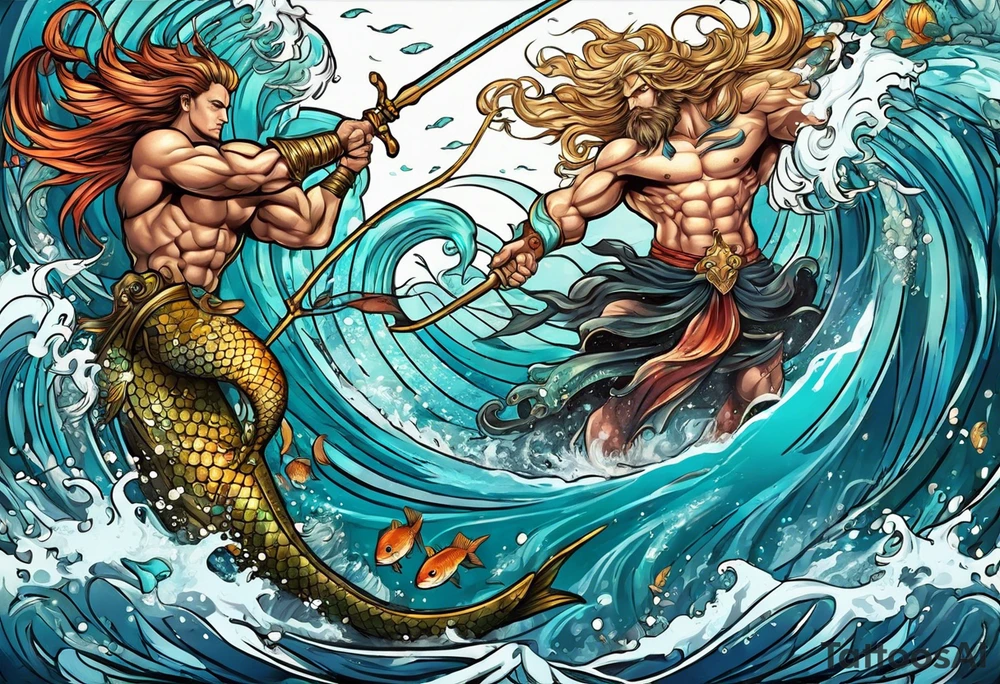 muscular
god 
posideon fighting a sport fish with a trident surrounded by mermaids tattoo idea