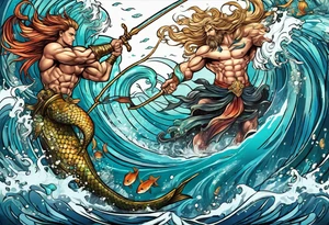 muscular
god 
posideon fighting a sport fish with a trident surrounded by mermaids tattoo idea