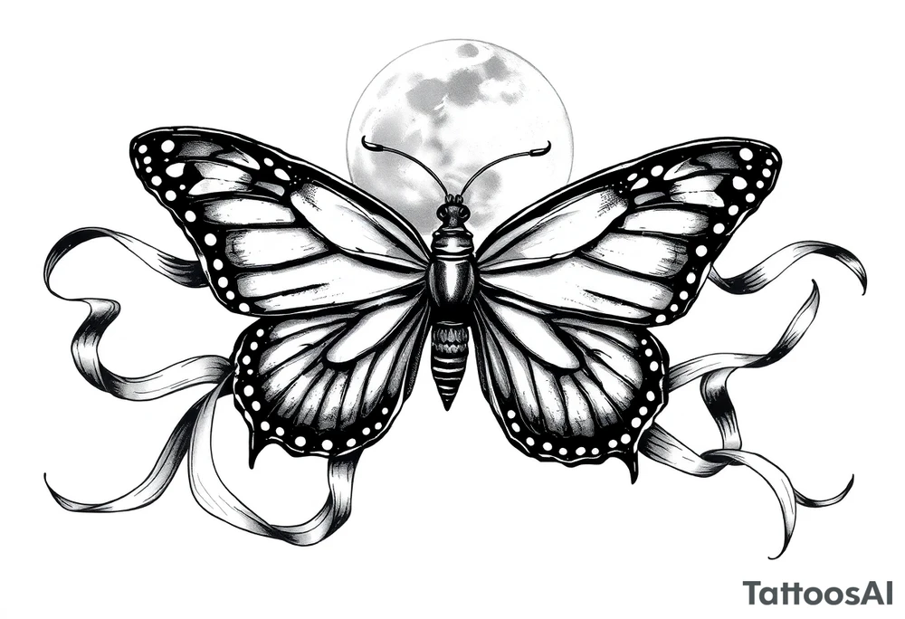 ethereal butterfly with flowing silk ribbons in moonlight tattoo idea