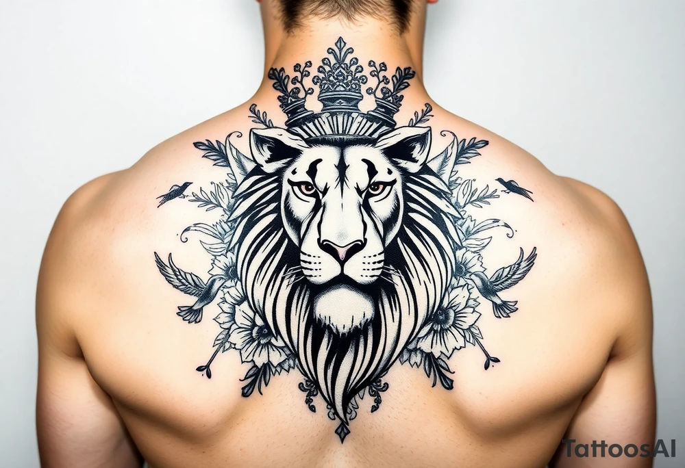 powerful majestic lion with a crown, surrounded by floral ornaments and birds tattoo idea
