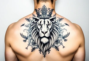 powerful majestic lion with a crown, surrounded by floral ornaments and birds tattoo idea