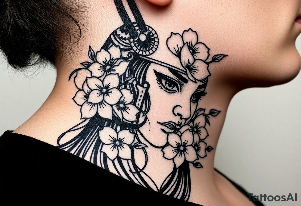 Samurai women warrior face
 with a with cherry blossom with wind lotuses tattoo idea
