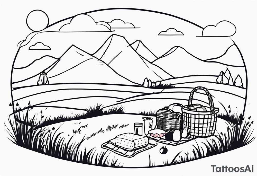 picnic scene on a meadow with a blanket on the ground with one picnic-basket, one backpack, pillows and party pennants. Thin lines. tattoo idea
