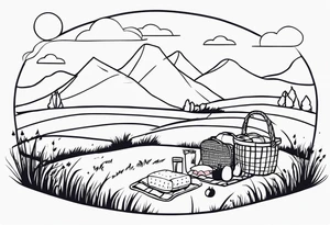picnic scene on a meadow with a blanket on the ground with one picnic-basket, one backpack, pillows and party pennants. Thin lines. tattoo idea