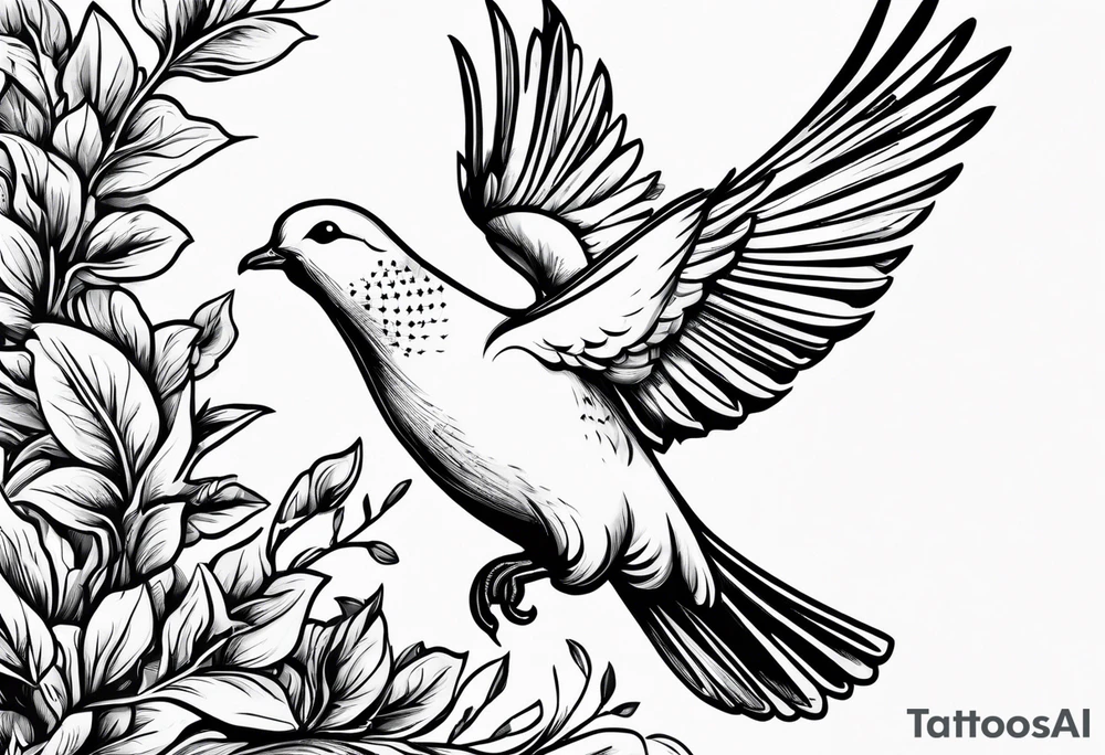 Dove soring through the air an olive branch in its beak whipping behind tattoo idea