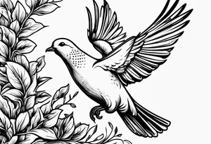Dove soring through the air an olive branch in its beak whipping behind tattoo idea