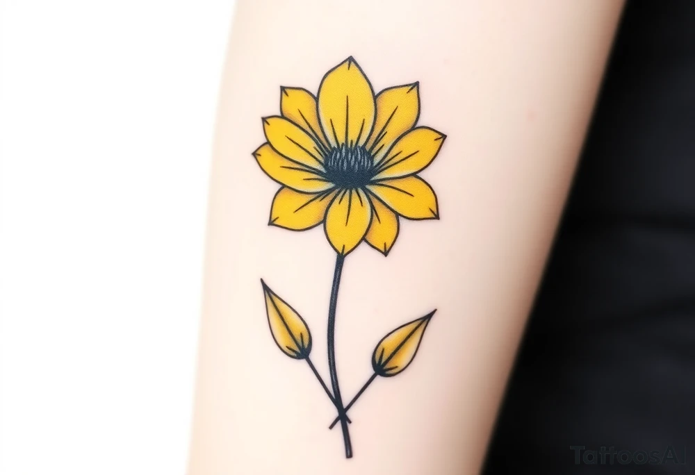 A minimalist flower tattoo that represents a shattered and betrayed gemini woman who fought hard throughout this year. With colors yellow and black tattoo idea