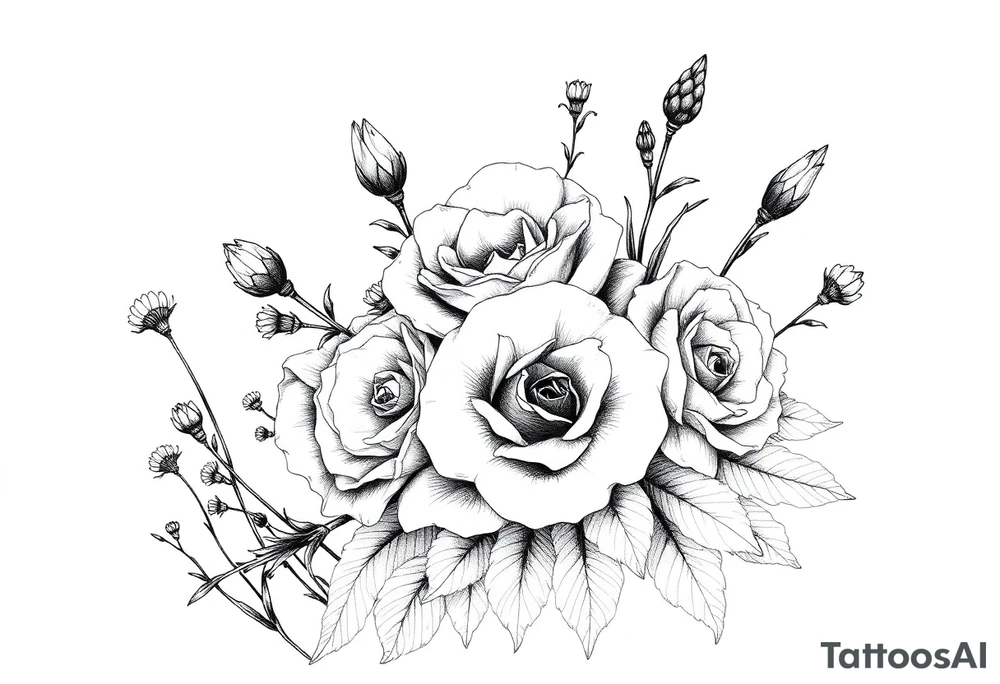 vintage bouquet of wild roses and meadow flowers with morning dew tattoo idea