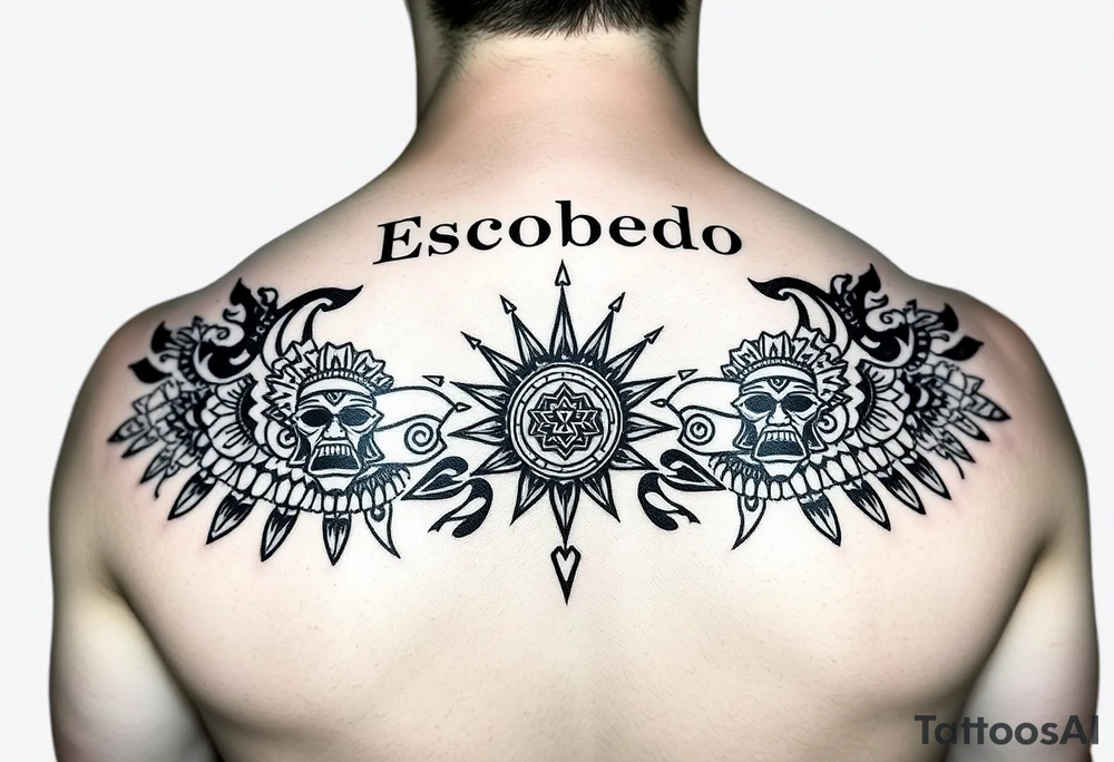 "A symmetrical Aztec or Mexican tribal pattern, incorporating geometric shapes, warrior masks, and sun symbols. The design is centered just below the bold 'Escobedo' name across the shoulders, maintaining a balanced and culturally meaningful aesthetic." tattoo idea