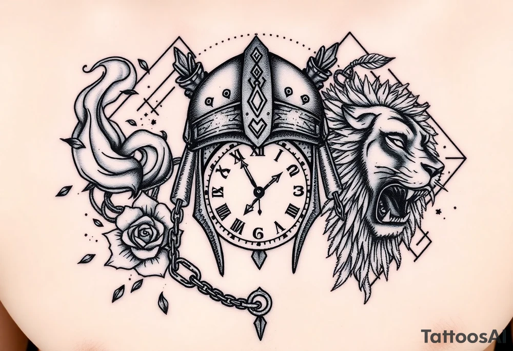 A detailed tattoo featuring a stylized warrior helmet with intricate textures and patterns. Behind it lies a shattered clock face with exposed gears and intertwined chains, symbolizing struggle with time and anxiety. Surrounding the helmet and clock are swirling smoke and wind patterns filled with fine details like leaves, feathers, and tribal motifs, representing resilience and growth. On one side, a blooming thorned rose or lotus flower symbolizes delicate strength and love. On the other side, a fierce roaring lion or wolf head embodies courage and protection. The background includes geometric shapes and dotwork to add depth and unify the design. The style combines bold linework with fine detail, dotwork, and shading for a powerful modern tattoo. tattoo idea