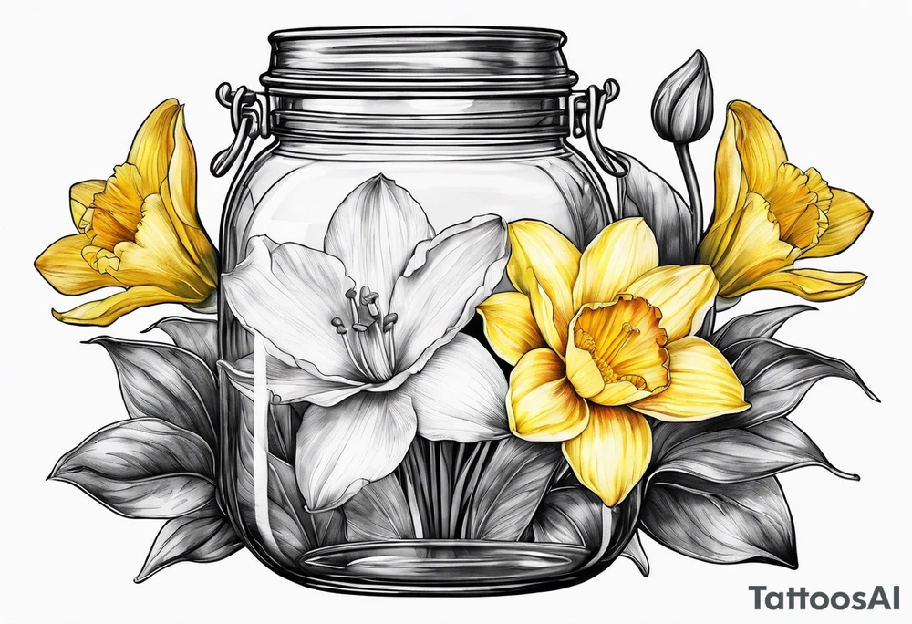 A daffodil a water lily and a morning glory in a jar tattoo idea