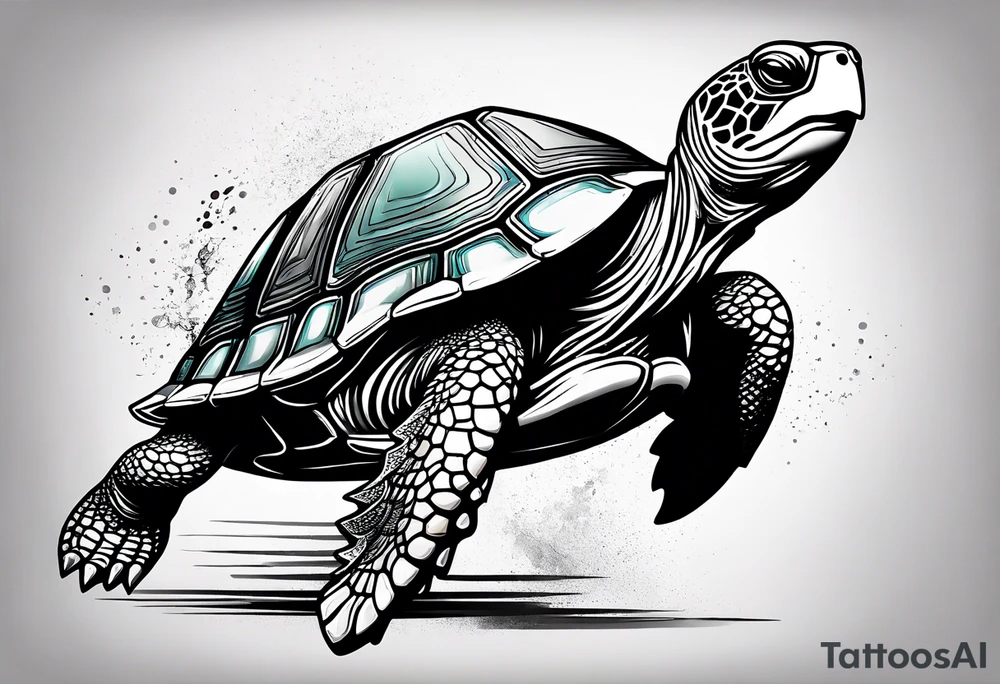 A turtle running on 2 legs across a finish line tattoo idea