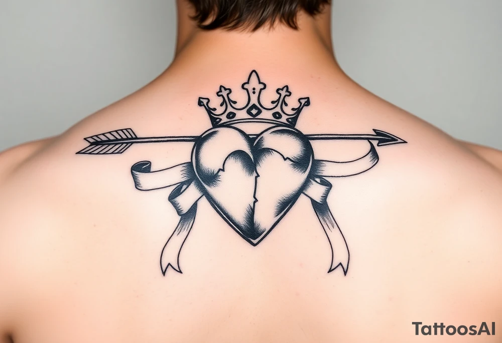 heart pierced by arrow with flowing ribbons princess crown festhers tattoo idea