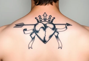 heart pierced by arrow with flowing ribbons princess crown festhers tattoo idea