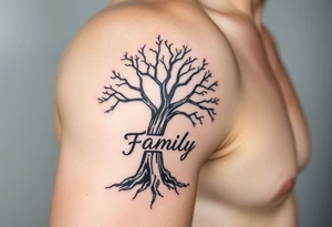 A black and gray realistic tree with engraved word family on the trunk, highlighting deep-rooted family connections tattoo idea