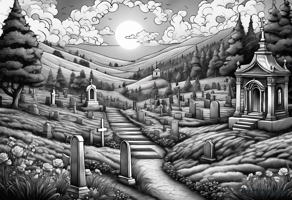 Cemetery on hills with smoke and moon tattoo idea