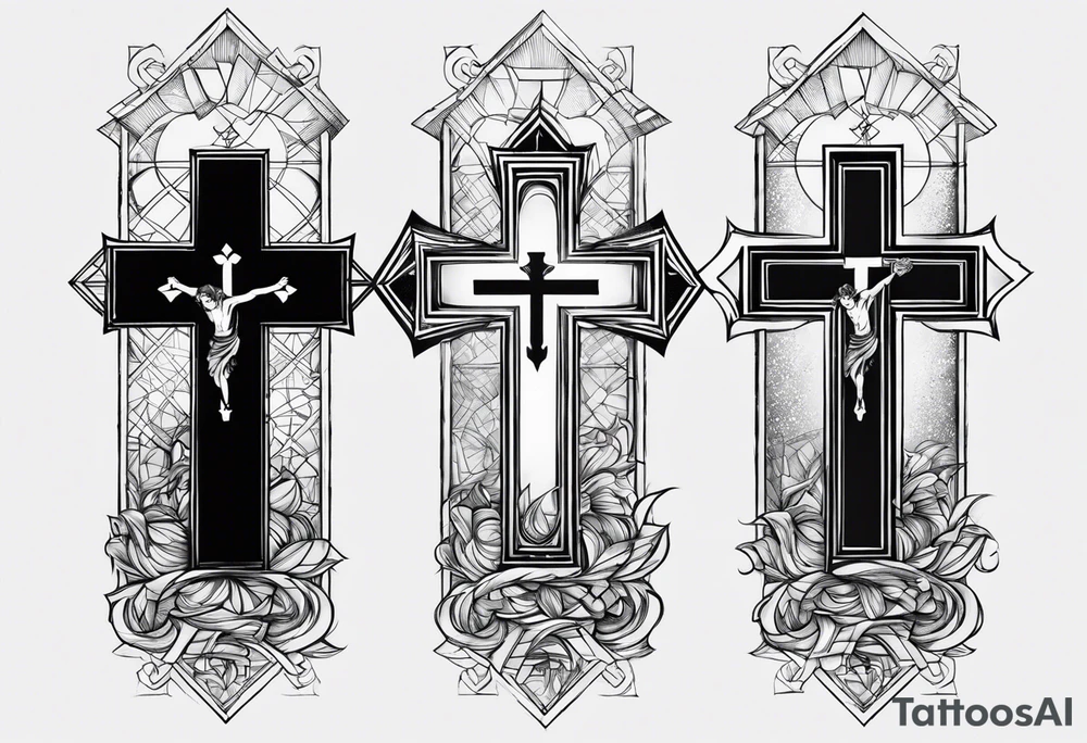 3 crosses with bible verse above it 
joker smile on the side 
Kaizen symbol on the other side
all this one forearm tattoo idea