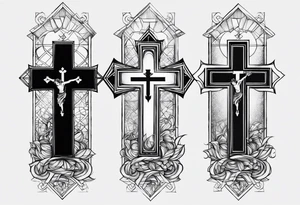 3 crosses with bible verse above it 
joker smile on the side 
Kaizen symbol on the other side
all this one forearm tattoo idea