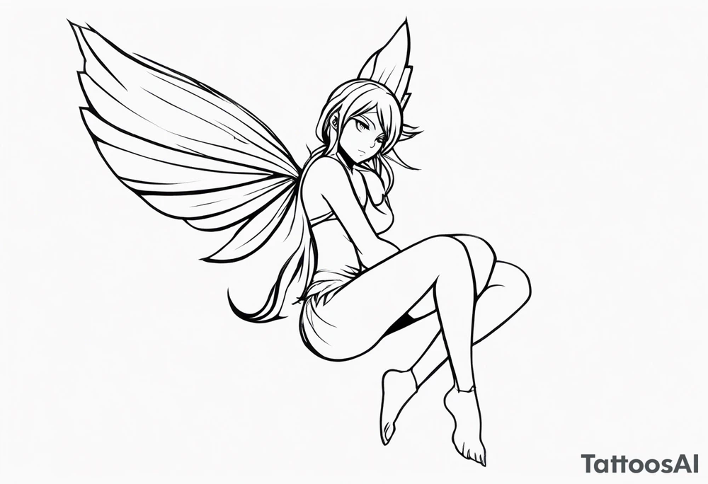 No color sketch of a fairy with a tail inspired by the guild symbol in the anime show called Fairy Tail in a fetal position leaning forward while crawled in and her body is an angle while floating in the air with big wings tattoo idea