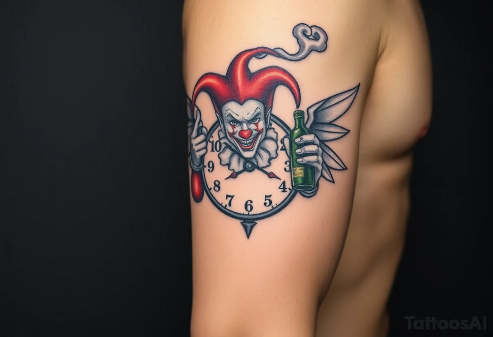 a jester clown floating in smoke with a  clock, the time says 420,  with two open wings besides the clock, smoke as the spring rising from the clock, a jester clown coming out the smoke, smoking in one hand with a liquor bottle on the other hand tattoo idea