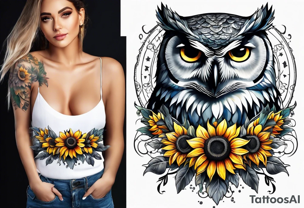 Sunflower and owl tattoo idea