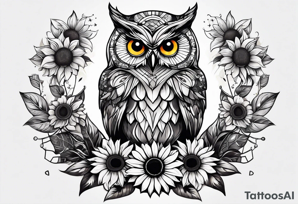 Owl and sunflower sleeve tattoo idea