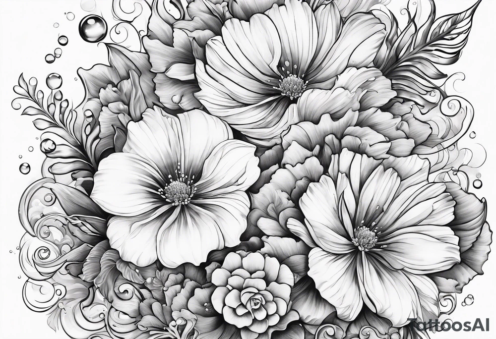 flowers waves coral bubbles underwater tattoo idea