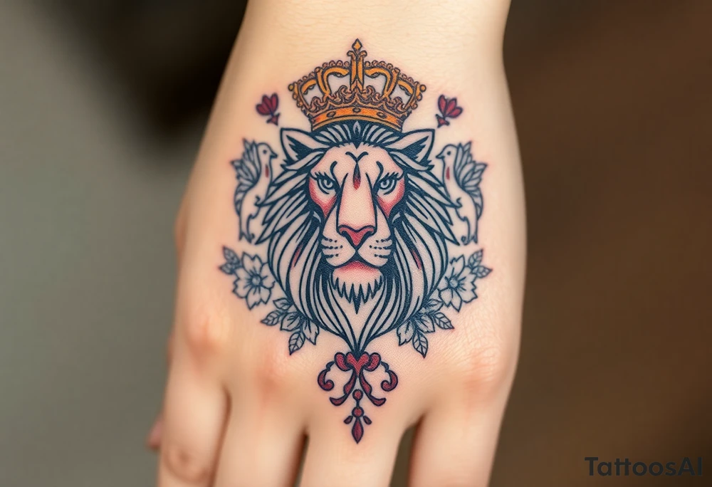 powerful majestic lion with a crown, surrounded by floral ornaments and birds tattoo idea
