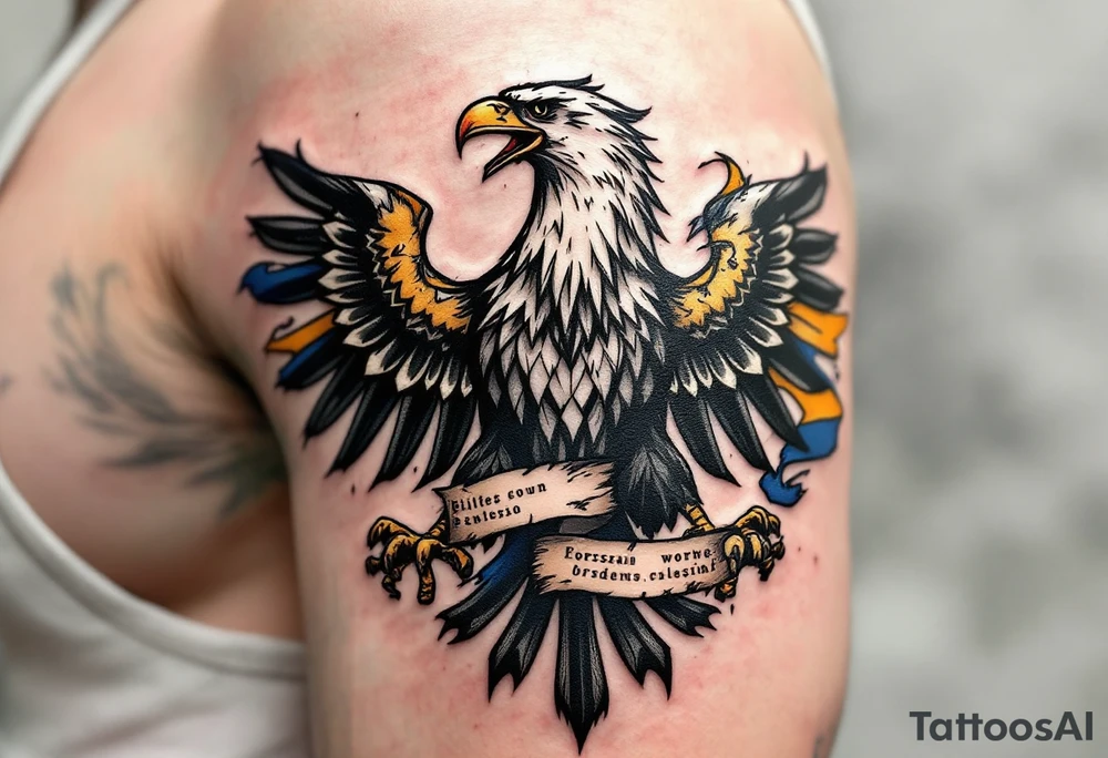 Battle-Worn Silesian Eagle with Torn Banners – A strong, battle-scarred eagle with ripped blue and yellow banners flowing behind it, representing the resilience of Silesia. The eagle's claws clutch an old sword or a scroll with historical inscriptions, adding a storytelling element. tattoo idea