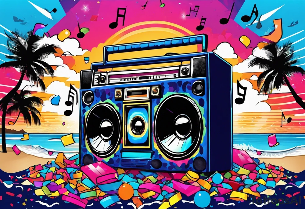 1980's style big boom box mith confetti, and music notes in the air, sound waves against miami vice style beach background, include sexy party goers tattoo idea