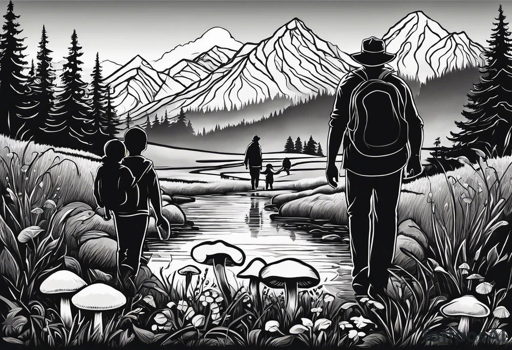 Family silhouette of a father, a mother, oldest son, middle daughter, and small daughter foraging mushrooms with mountains and creek in background tattoo idea