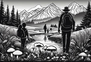 Family silhouette of a father, a mother, oldest son, middle daughter, and small daughter foraging mushrooms with mountains and creek in background tattoo idea
