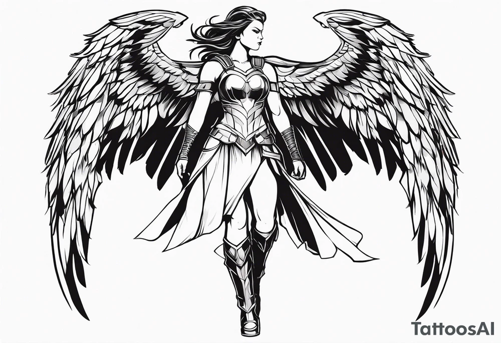 The full body of a Valkyrie with wings flying tattoo idea