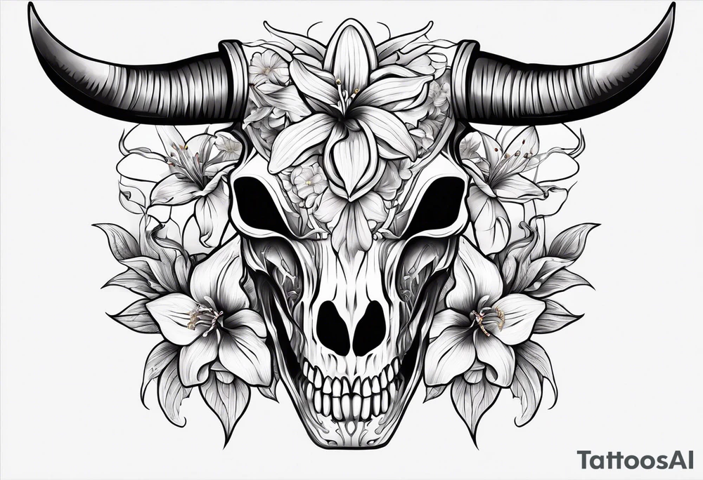 A Bulls skeleton head with lily if the valley flowers growing out of eyes tattoo idea