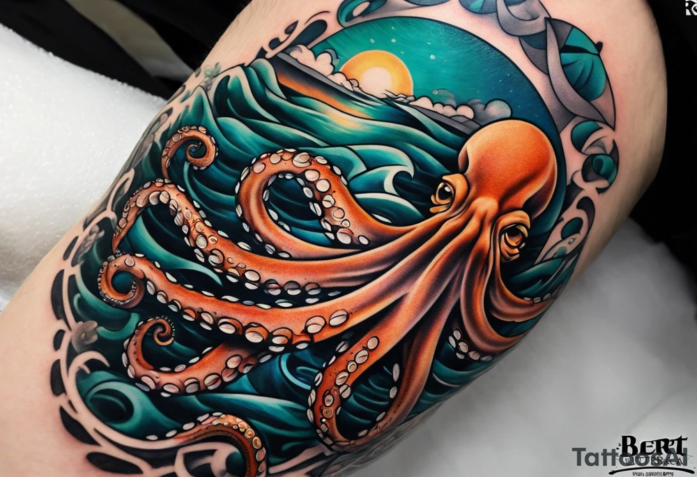 Full sleeve arm tattoo with octopus and sea scene tattoo idea
