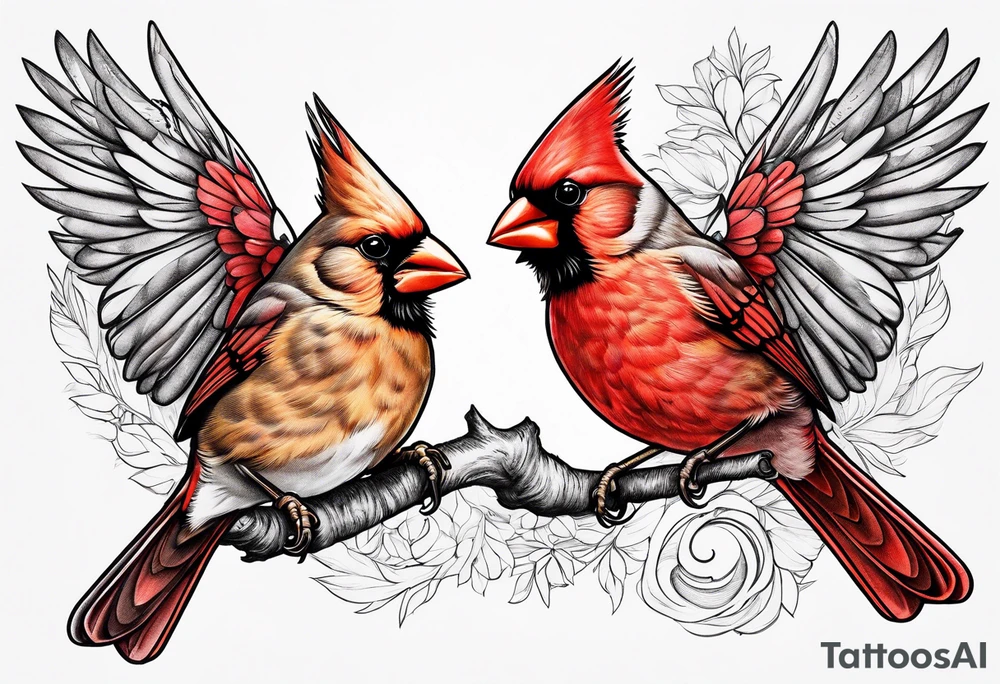 Male and female cardinal flying together tattoo idea