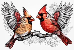 Male and female cardinal flying together tattoo idea