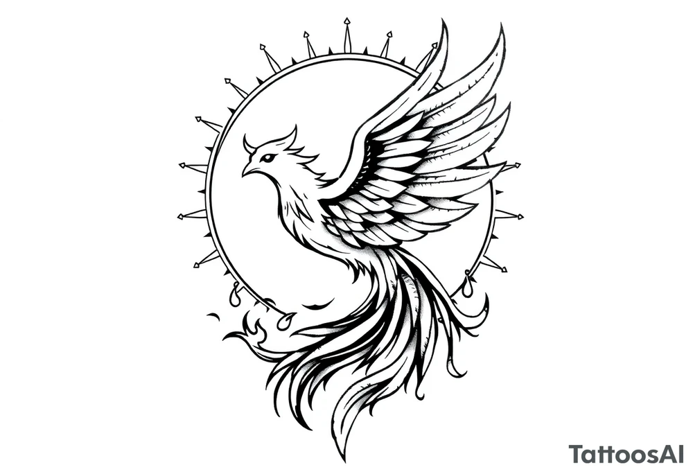 magical phoenix rising from golden flames with trailing embers surrounded by geometric sun and moon tattoo idea